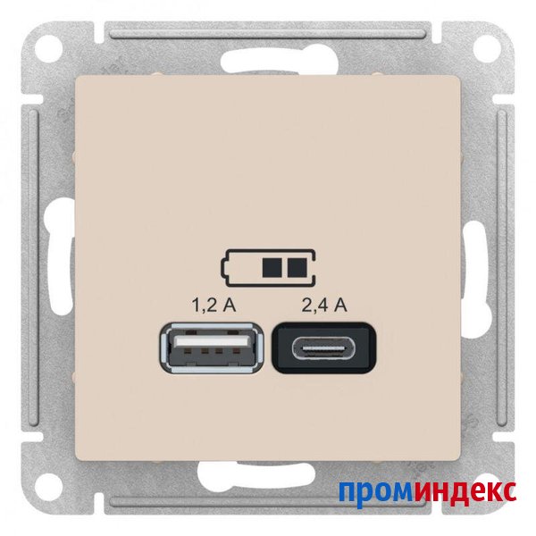 Фото Механизм розетки USB AtlasDesign A+С 5В/2.4А 2х5В/1.2А беж. SchE ATN000239