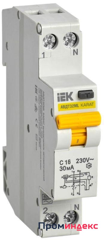Фото Выключатель автоматический дифференциального тока С 16А 30мА АВДТ32МL KARAT IEK MVD12-1-016-C-030