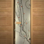 фото Дверь стеклянная с рисунком "Сакура" для бань и саун. Коробка липа