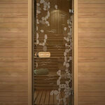фото Дверь стеклянная с рисунком "Ручей" для бань и саун. Коробка липа