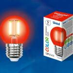 фото Лампа LED-G45-5W/RED/E27 GLA02RD Лампа светодиодная. Форма "шар". Серия Air color. Красный свет. Картон. ТМ Uniel